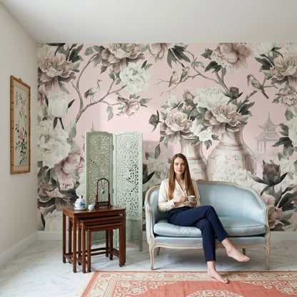 Chinoiserie Wallpaper Peonies Porcelain Vases Removable Wall Decor