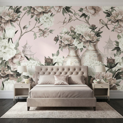 Chinoiserie Wallpaper Peonies Porcelain Vases Removable Wall Decor