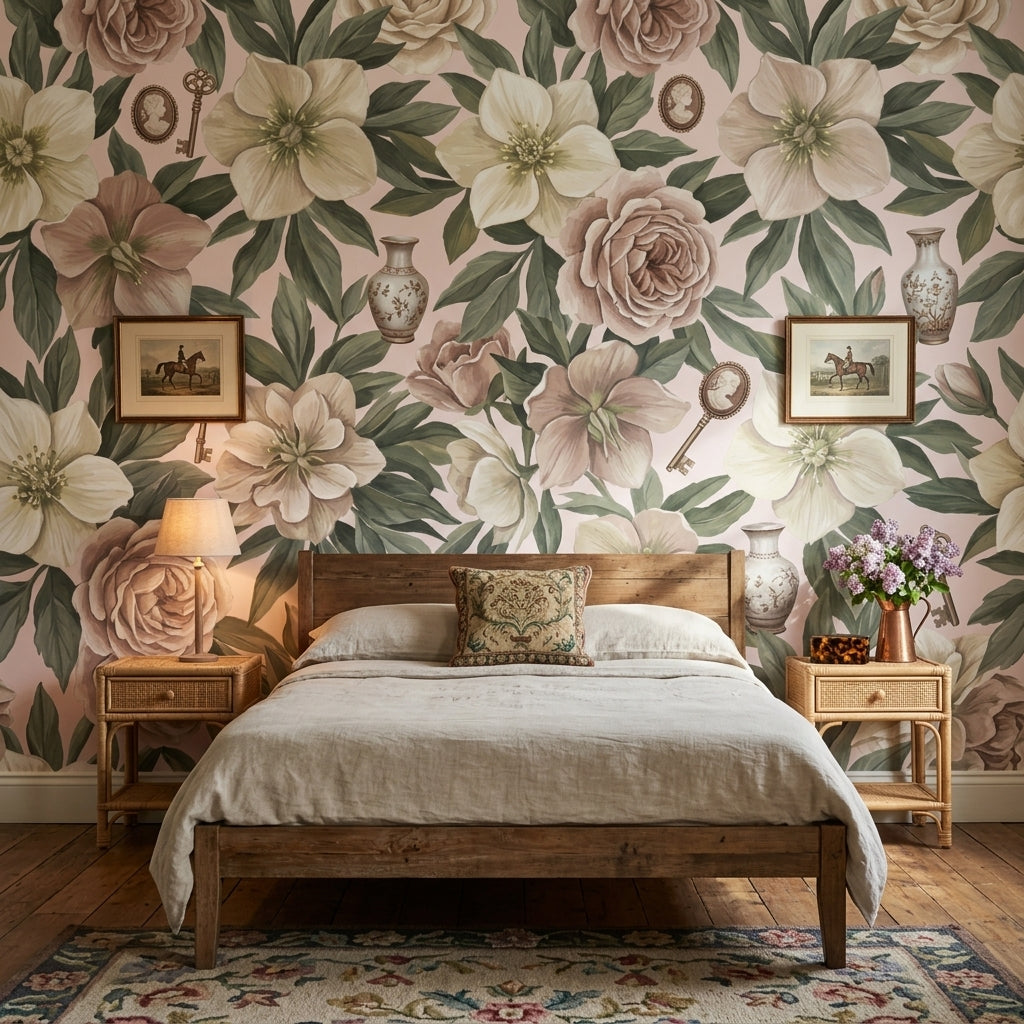 Floral Wallpaper Botanical Leaves Vintage Keys Wall Mural