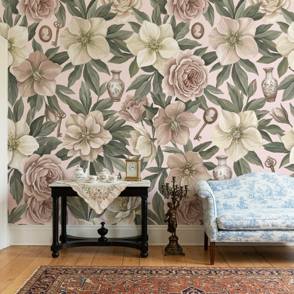 Floral Wallpaper Botanical Leaves Vintage Keys Wall Mural