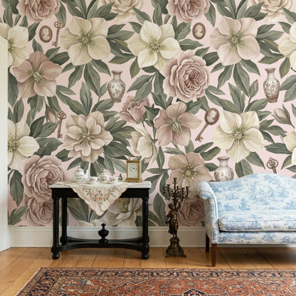 Floral Wallpaper Botanical Leaves Vintage Keys Wall Mural