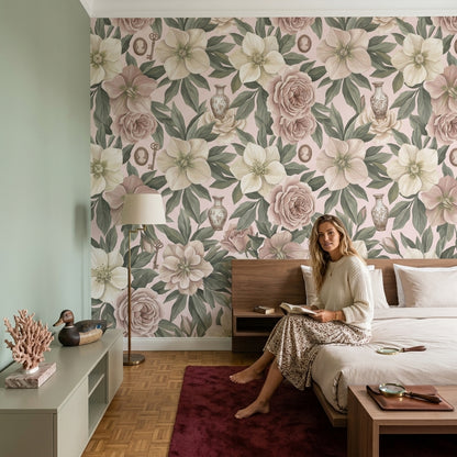 Floral Wallpaper Botanical Leaves Vintage Keys Wall Mural