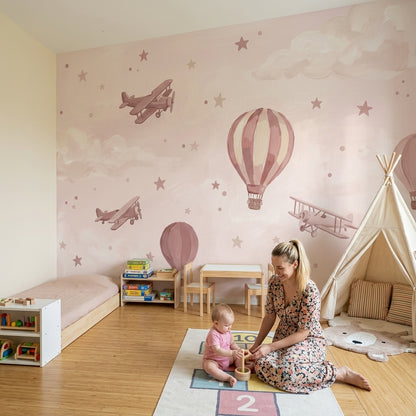 Hot Air Balloons Wallpaper Biplanes Removable Whimsical Sky Wall Decor