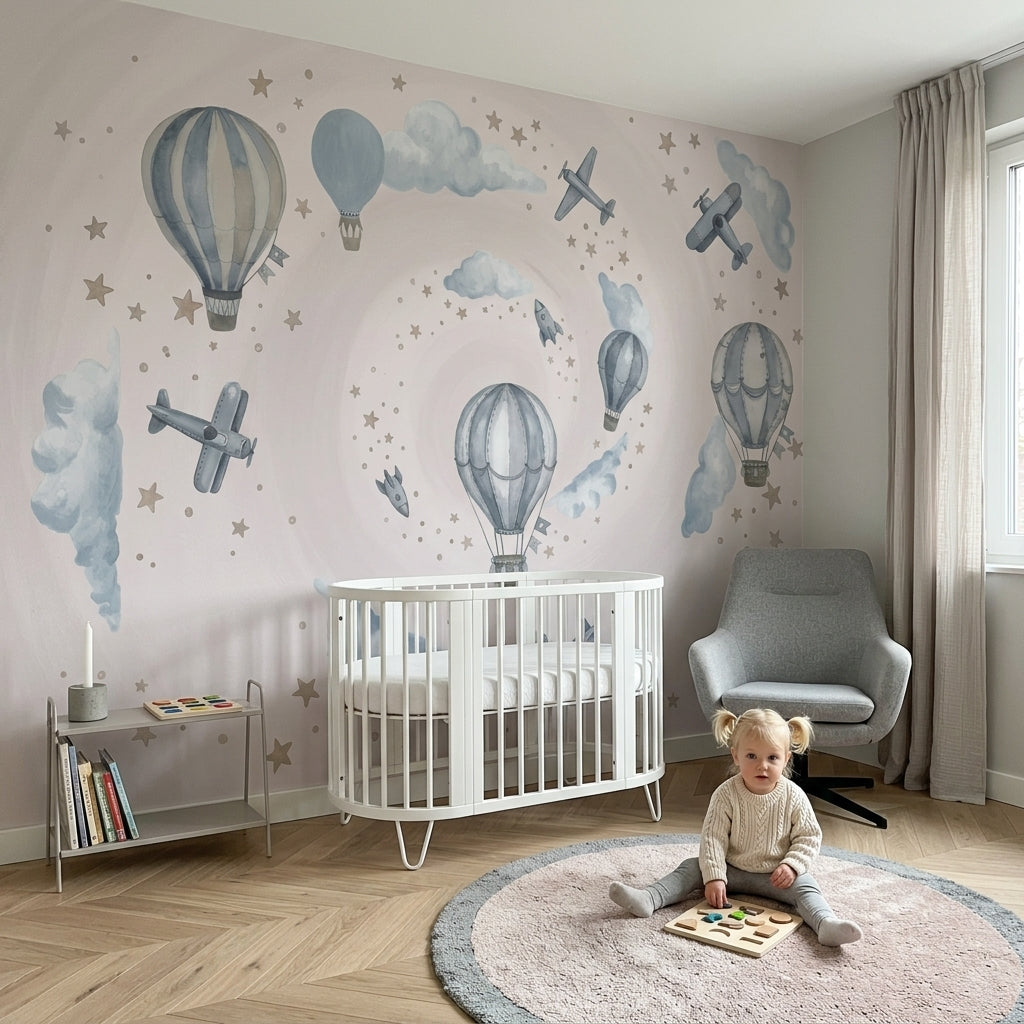 Hot Air Balloons Wallpaper Airplanes Clouds Removable Wall Decor
