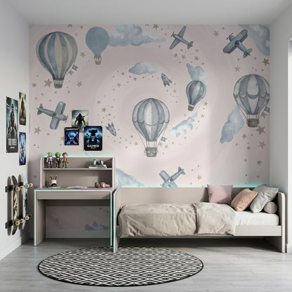 Hot Air Balloons Wallpaper Airplanes Clouds Removable Wall Decor