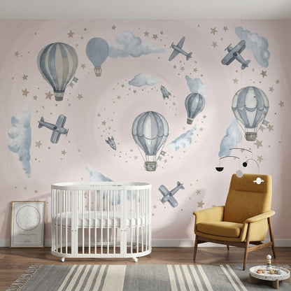 Hot Air Balloons Wallpaper Airplanes Clouds Removable Wall Decor