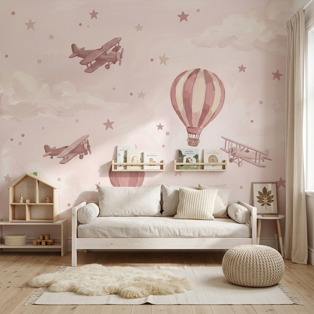Hot Air Balloons Wallpaper Biplanes Removable Whimsical Sky Wall Decor