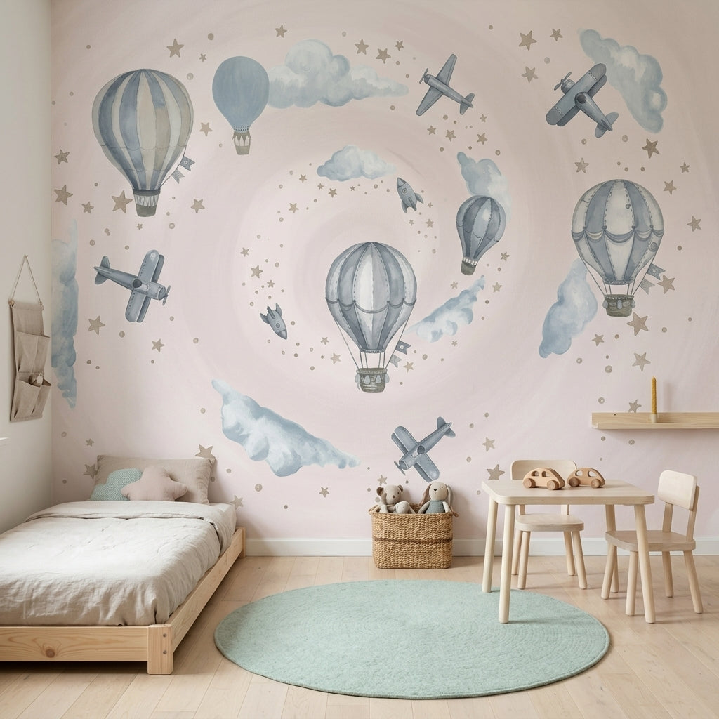 Hot Air Balloons Wallpaper Airplanes Clouds Removable Wall Decor