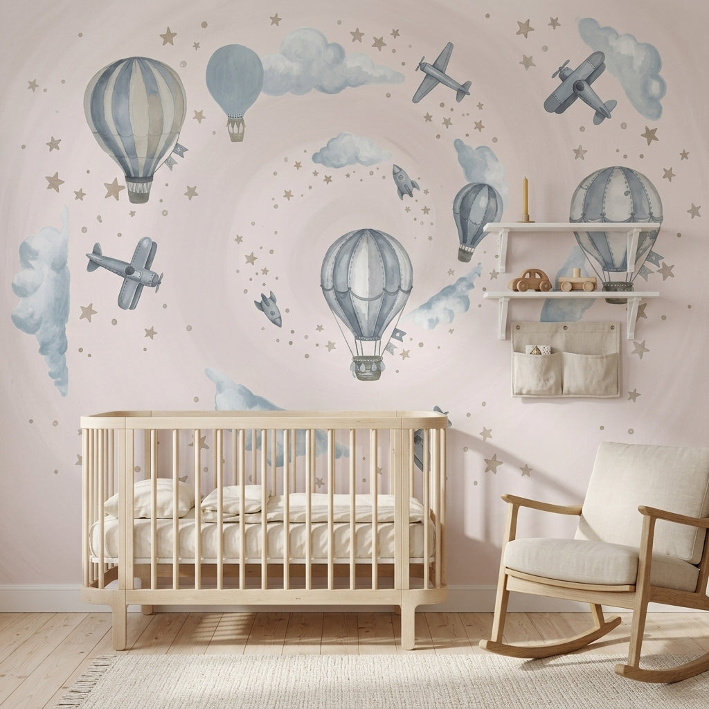 Hot Air Balloons Wallpaper Airplanes Clouds Removable Wall Decor