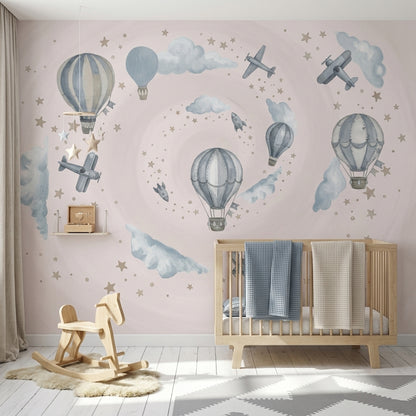 Hot Air Balloons Wallpaper Airplanes Clouds Removable Wall Decor