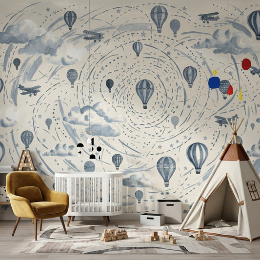 Hot Air Balloons Wallpaper Vintage Airplanes Sky Theme Wall Mural