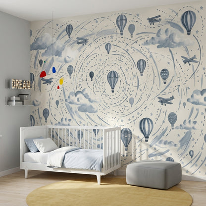 Hot Air Balloons Wallpaper Vintage Airplanes Sky Theme Wall Mural