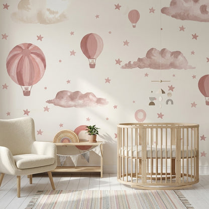 Hot Air Balloons Wallpaper Watercolor Clouds Removable Pink Stars Wall Decor