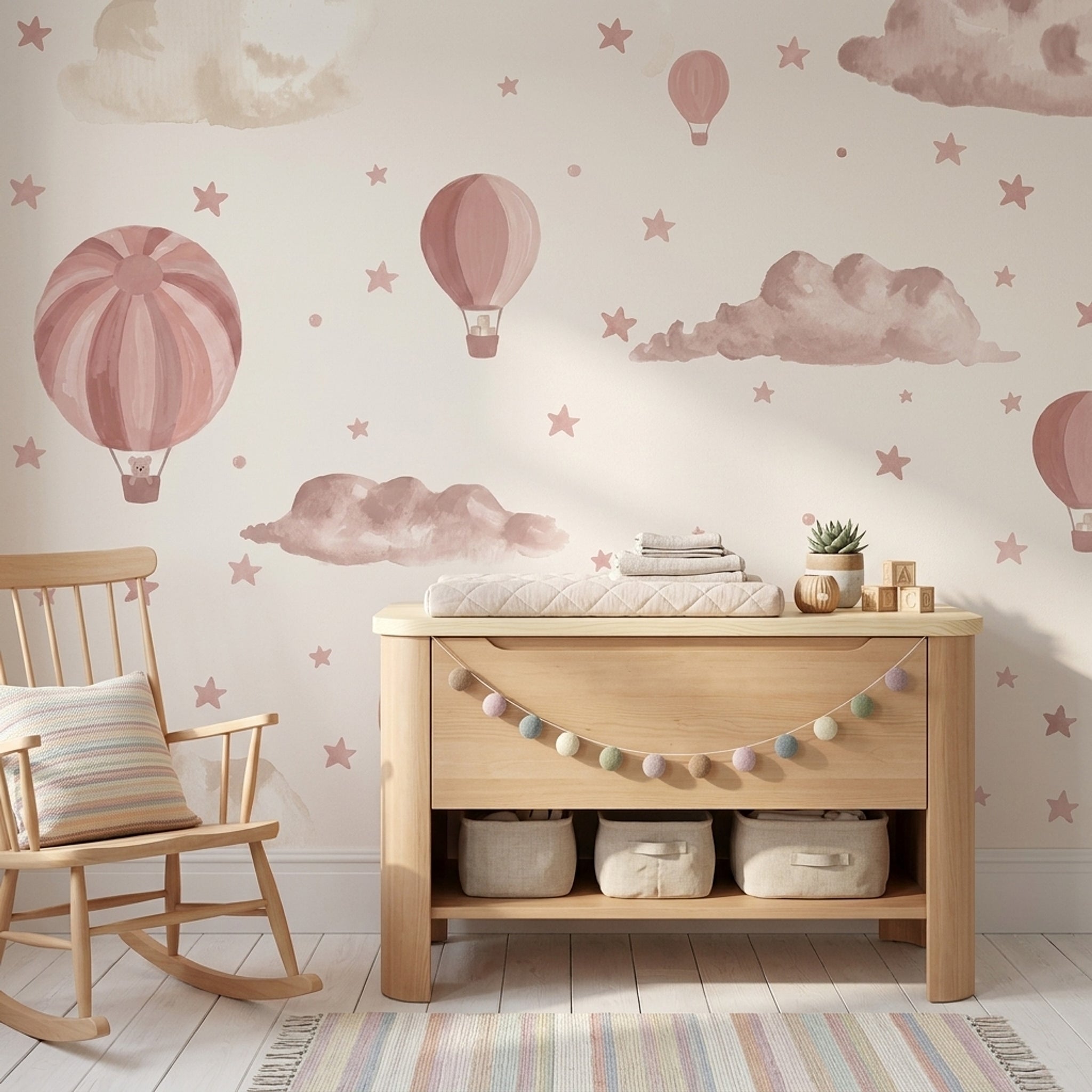 Hot Air Balloons Wallpaper Watercolor Clouds Removable Pink Stars Wall Decor