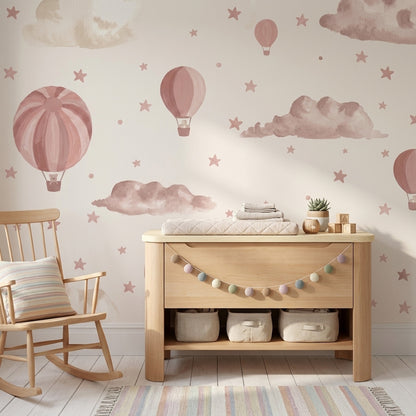 Hot Air Balloons Wallpaper Watercolor Clouds Removable Pink Stars Wall Decor