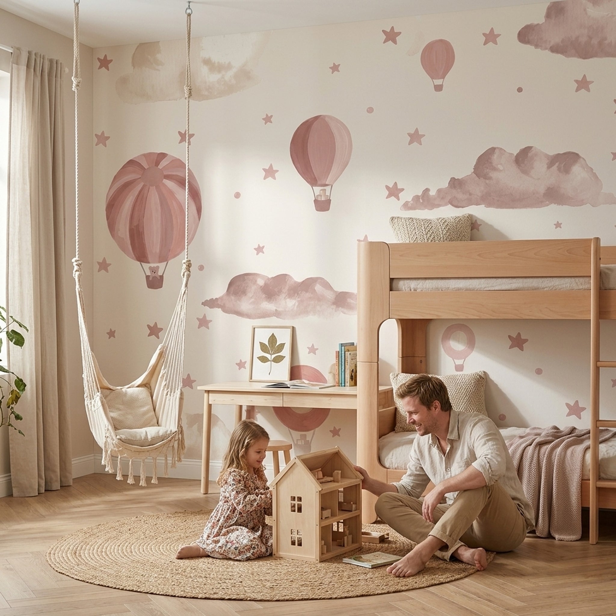 Hot Air Balloons Wallpaper Watercolor Clouds Removable Pink Stars Wall Decor