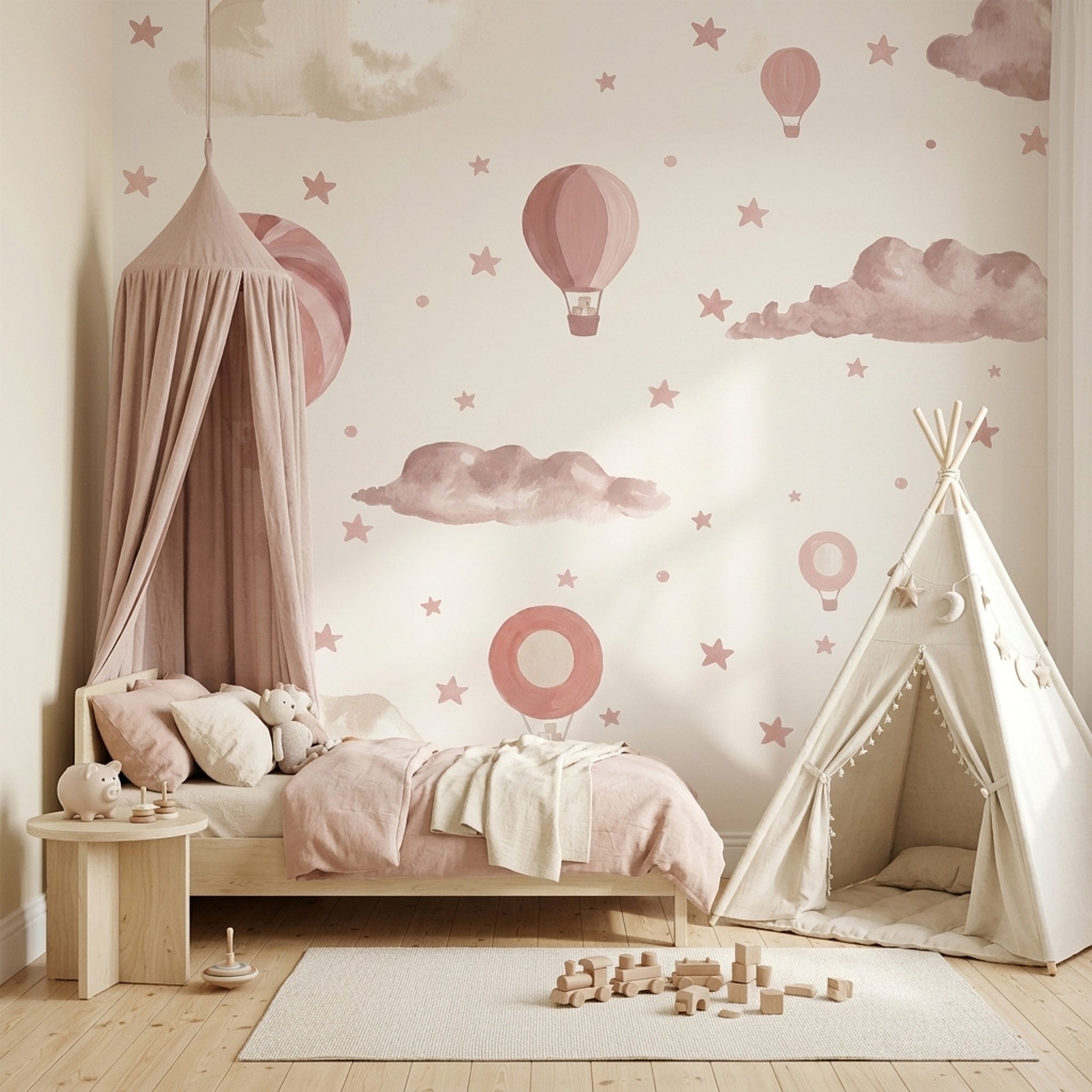 Hot Air Balloons Wallpaper Watercolor Clouds Removable Pink Stars Wall Decor