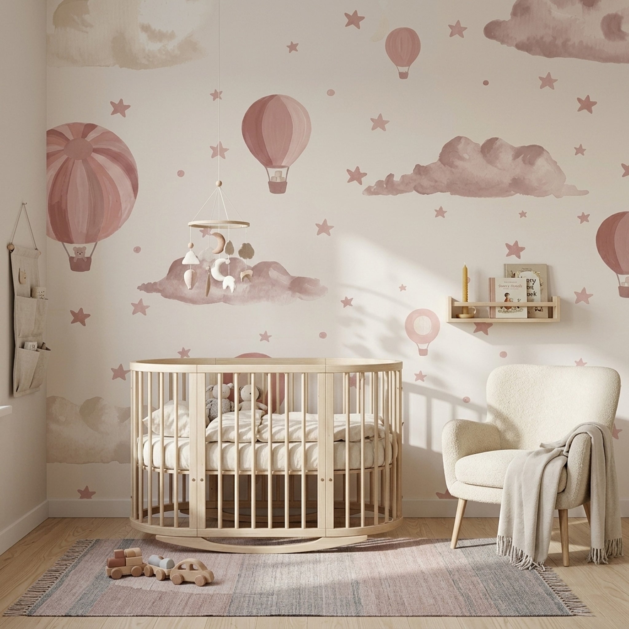 Hot Air Balloons Wallpaper Watercolor Clouds Removable Pink Stars Wall Decor