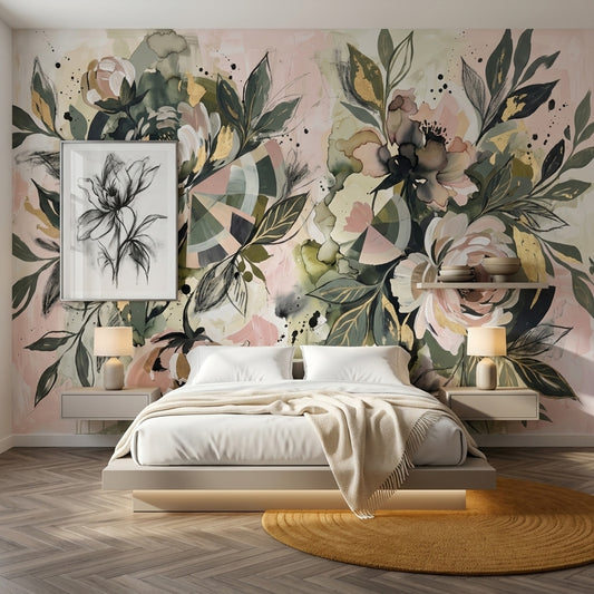 Modern Floral Wallpaper Watercolor Botanical Removable Large Scale Mural Wall Decor