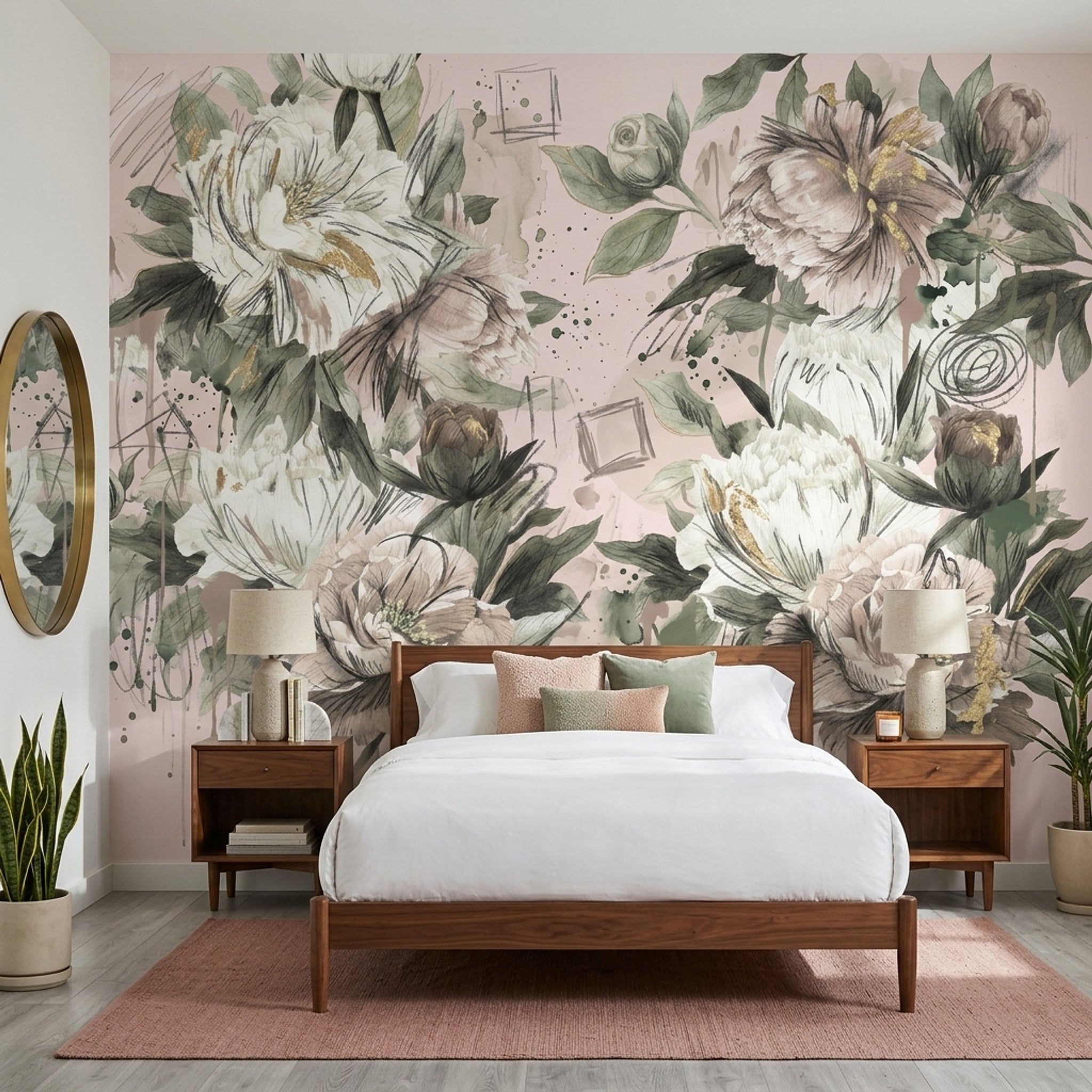 Peony Wallpaper Blush Pink Gold Accents Removable Wall Decor