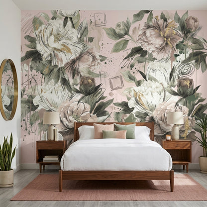 Peony Wallpaper Blush Pink Gold Accents Removable Wall Decor