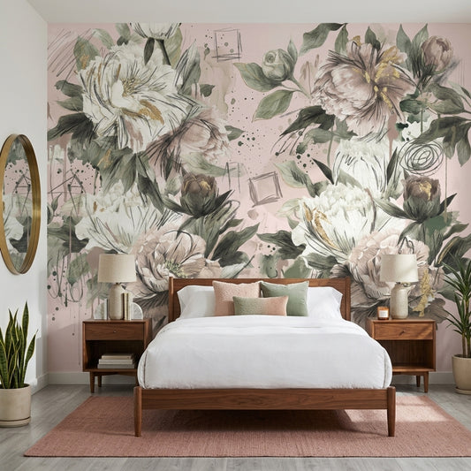 Peony Wallpaper Blush Pink Gold Accents Removable Wall Decor