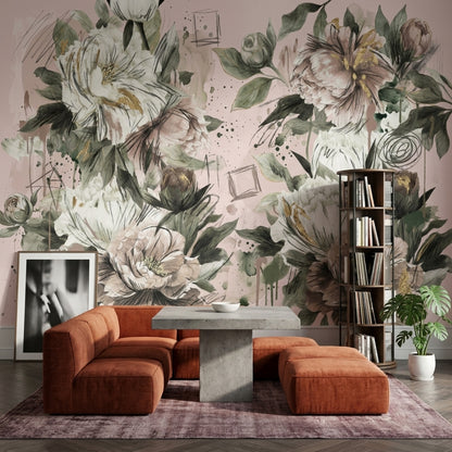Peony Wallpaper Blush Pink Gold Accents Removable Wall Decor