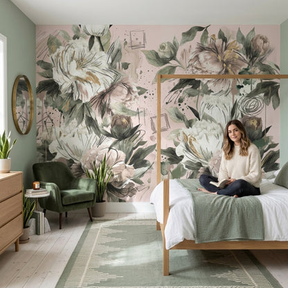 Peony Wallpaper Blush Pink Gold Accents Removable Wall Decor