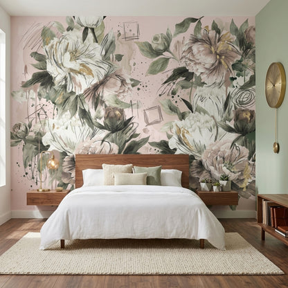 Peony Wallpaper Blush Pink Gold Accents Removable Wall Decor