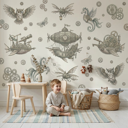 Steampunk Wallpaper Airship Removable Gears Wall Decor