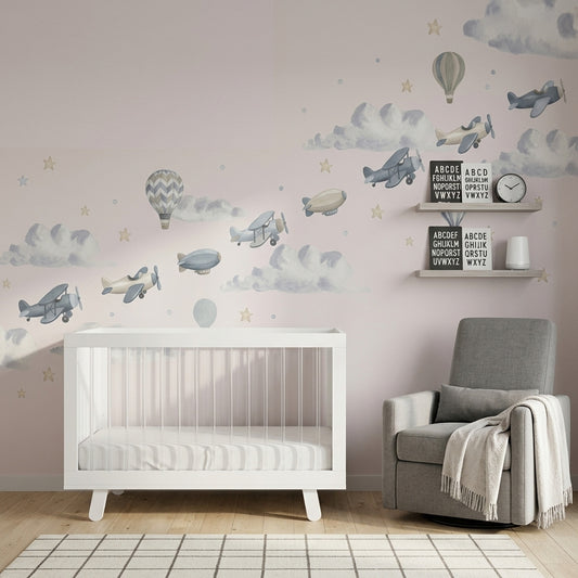 Watercolor Wallpaper Airplanes Nursery Removable Wall Decor