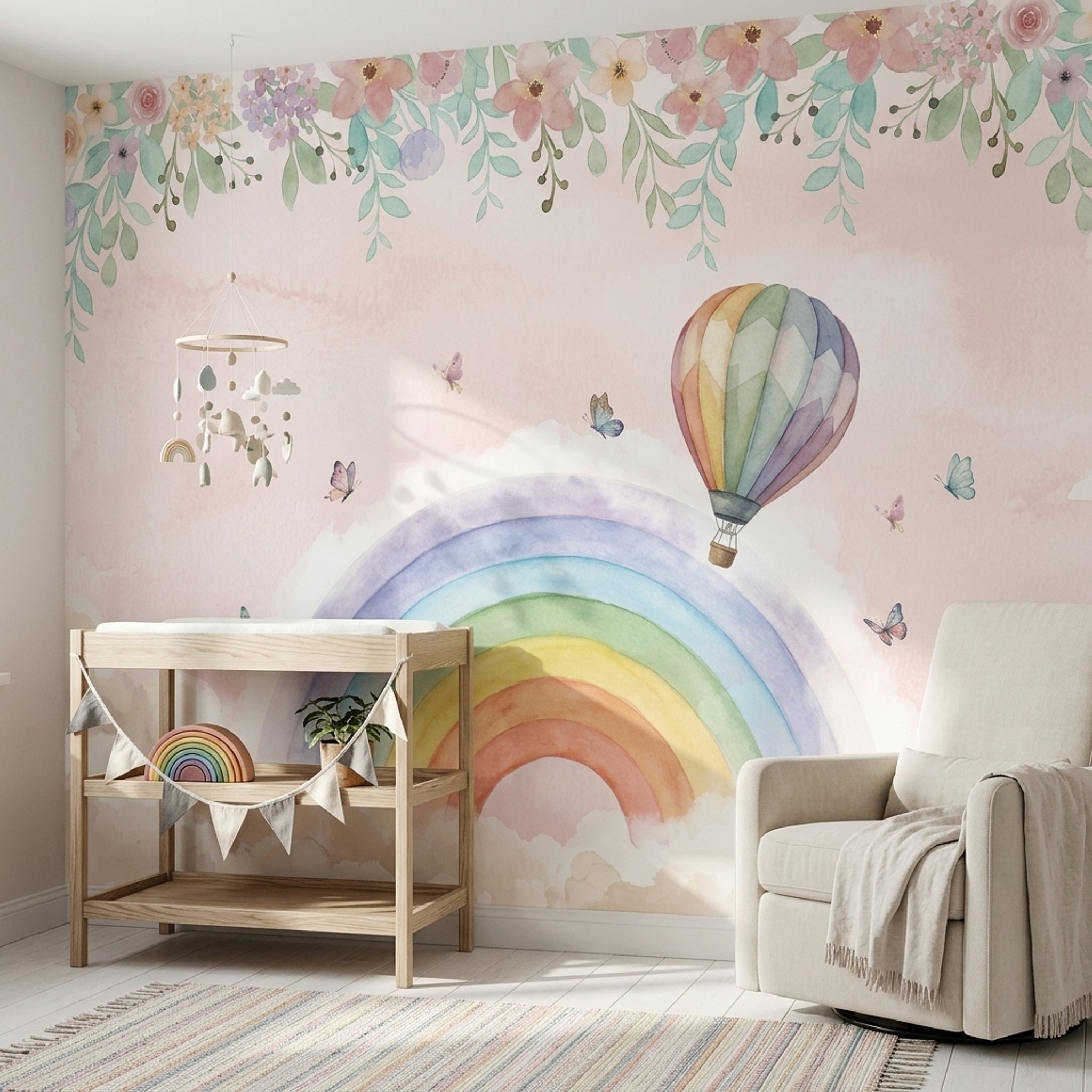 Hot Air Balloon Wallpaper Pastel Sky Rainbow Wall Mural