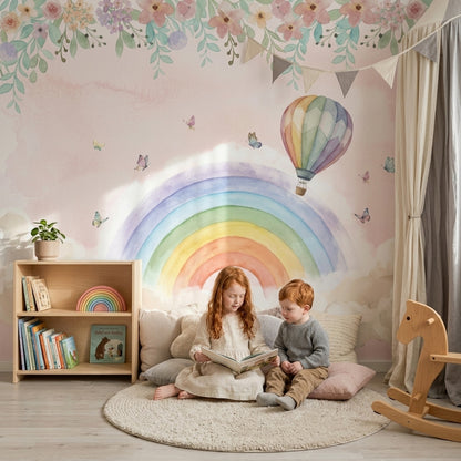 Hot Air Balloon Wallpaper Pastel Sky Rainbow Wall Mural