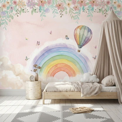 Hot Air Balloon Wallpaper Pastel Sky Rainbow Wall Mural
