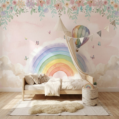 Hot Air Balloon Wallpaper Pastel Sky Rainbow Wall Mural