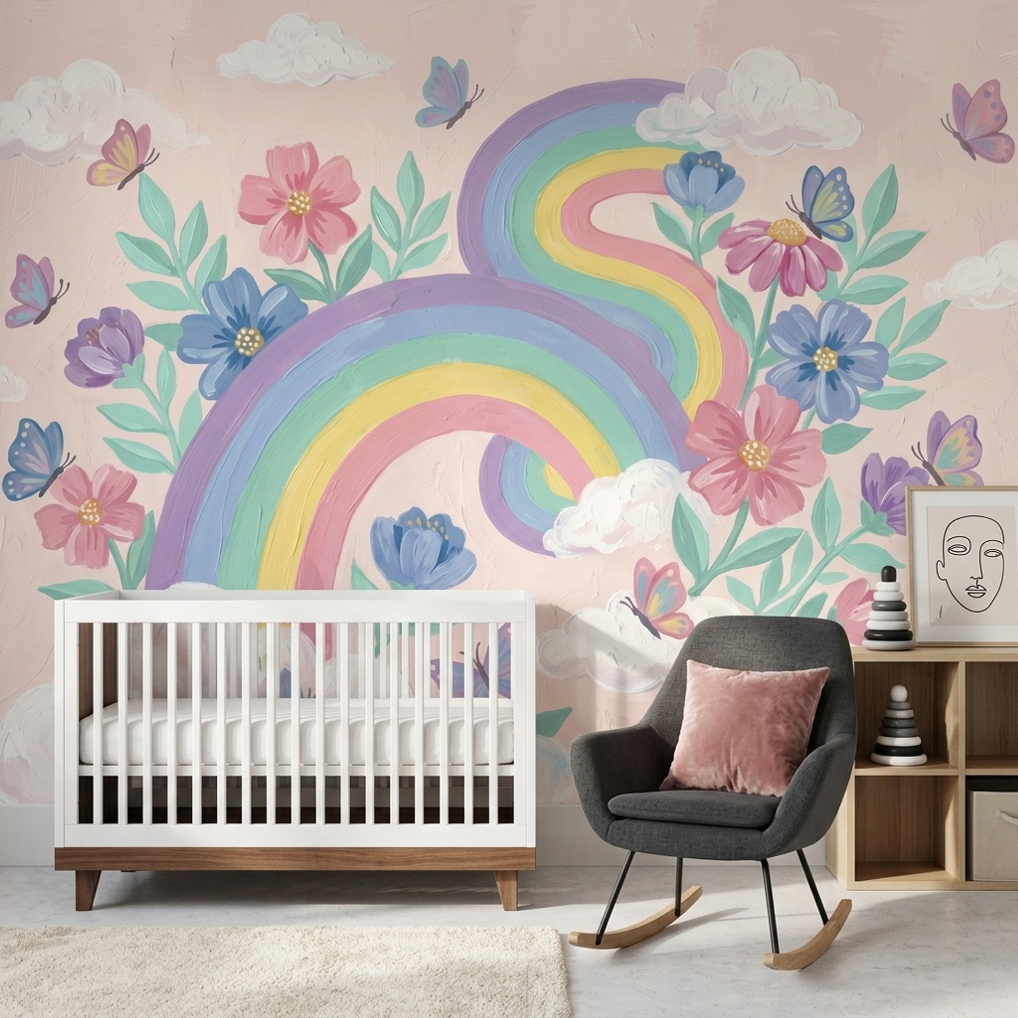 Pastel Rainbow Wallpaper Floral Bouquet Removable Butterflies Wall Decor