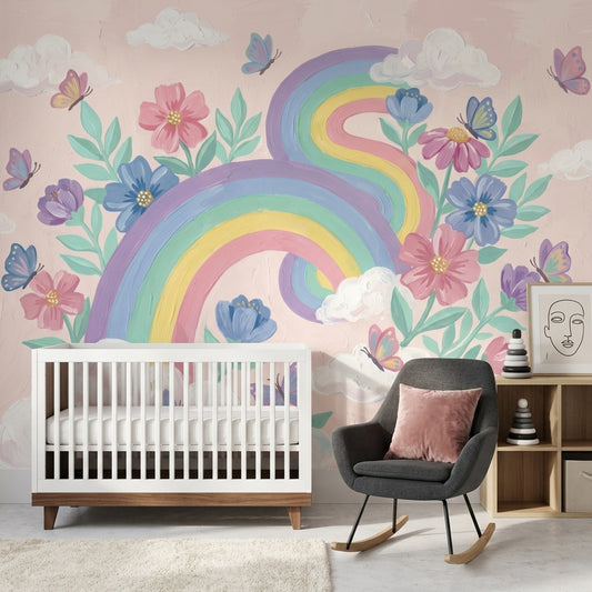 Pastel Rainbow Wallpaper Floral Bouquet Removable Butterflies Wall Decor