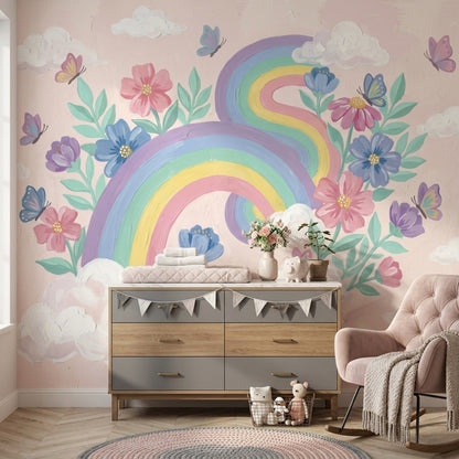 Pastel Rainbow Wallpaper Floral Bouquet Removable Butterflies Wall Decor