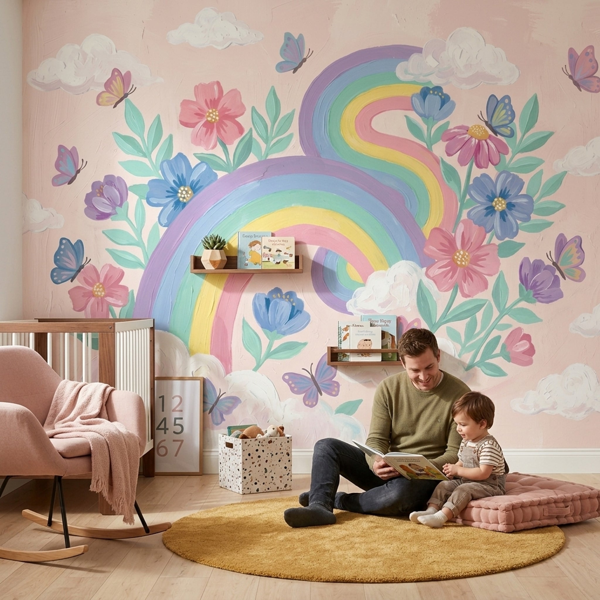 Pastel Rainbow Wallpaper Floral Bouquet Removable Butterflies Wall Decor