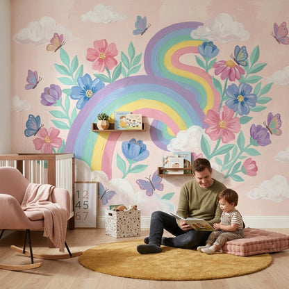 Pastel Rainbow Wallpaper Floral Bouquet Removable Butterflies Wall Decor