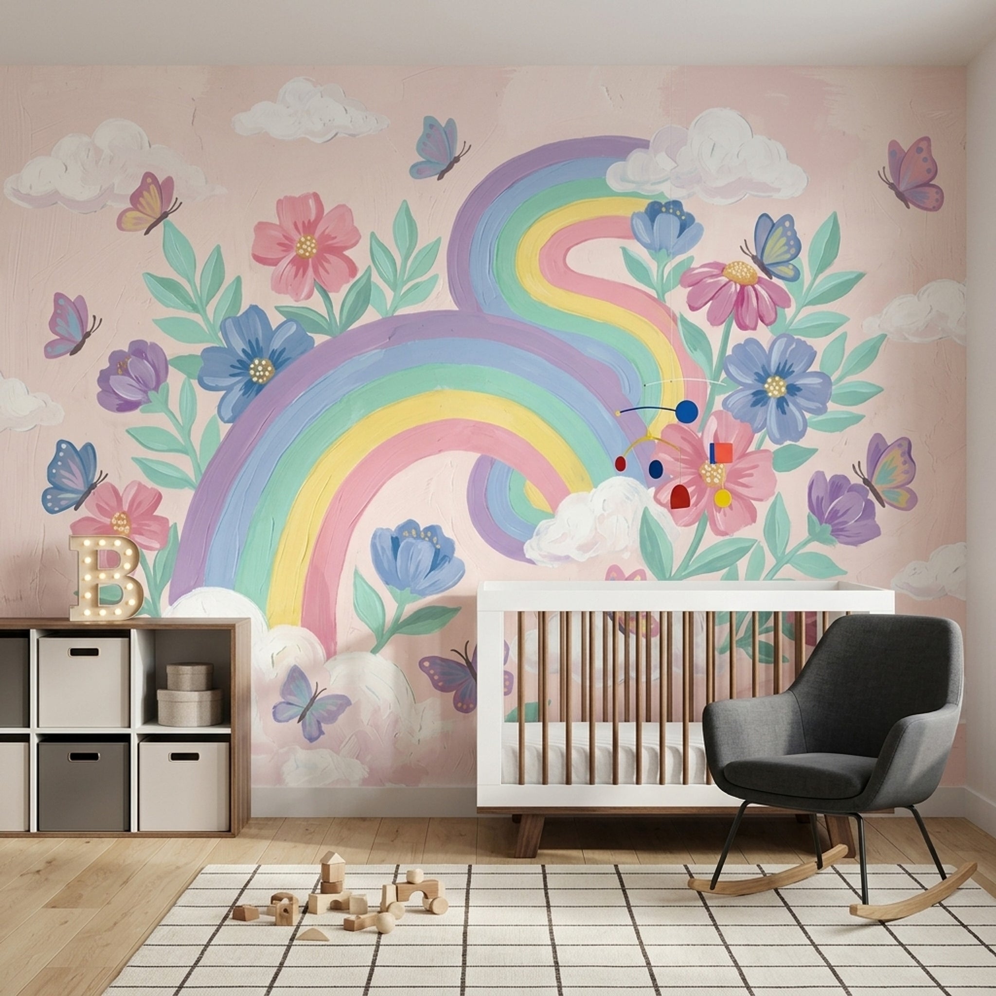 Pastel Rainbow Wallpaper Floral Bouquet Removable Butterflies Wall Decor