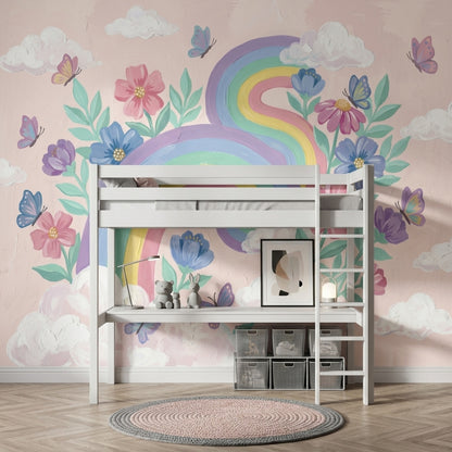 Pastel Rainbow Wallpaper Floral Bouquet Removable Butterflies Wall Decor