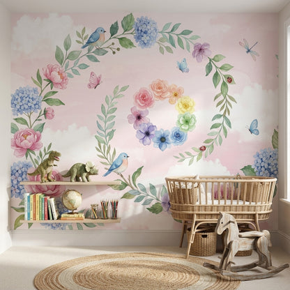 Floral Wreath Wallpaper Pastel Pink Background Birds Wall Mural