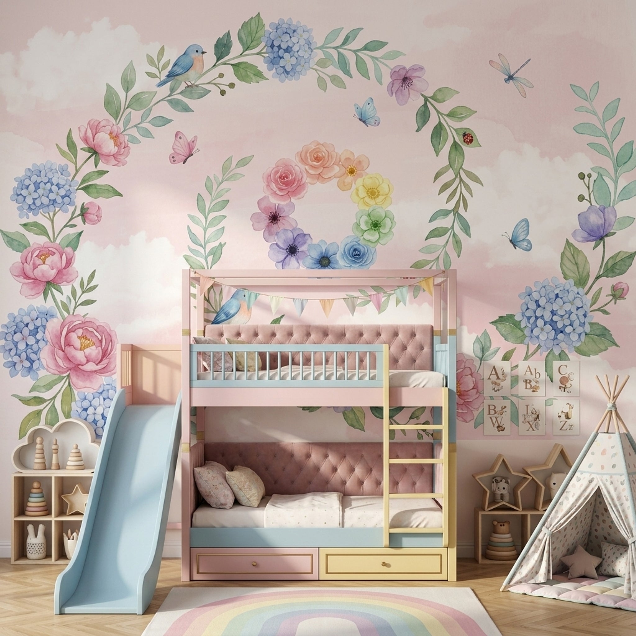 Floral Wreath Wallpaper Pastel Pink Background Birds Wall Mural