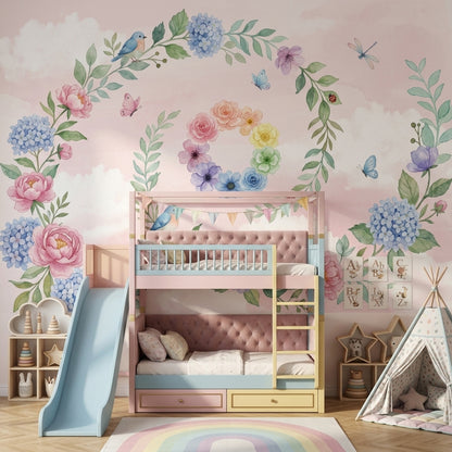 Floral Wreath Wallpaper Pastel Pink Background Birds Wall Mural