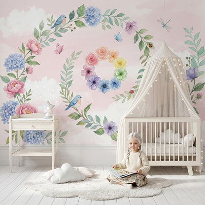 Floral Wreath Wallpaper Pastel Pink Background Birds Wall Mural