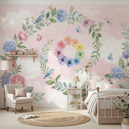 Floral Wreath Wallpaper Pastel Pink Background Birds Wall Mural