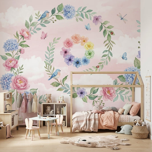Floral Wreath Wallpaper Pastel Pink Background Birds Wall Mural