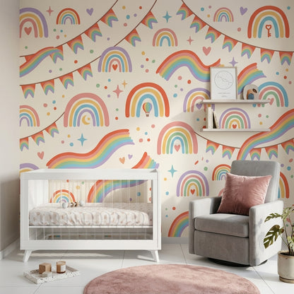Rainbow Wallpaper Pastel Removable Cream Background Wall Decor