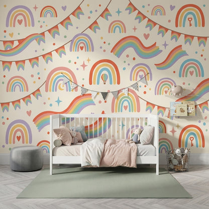 Rainbow Wallpaper Pastel Removable Cream Background Wall Decor